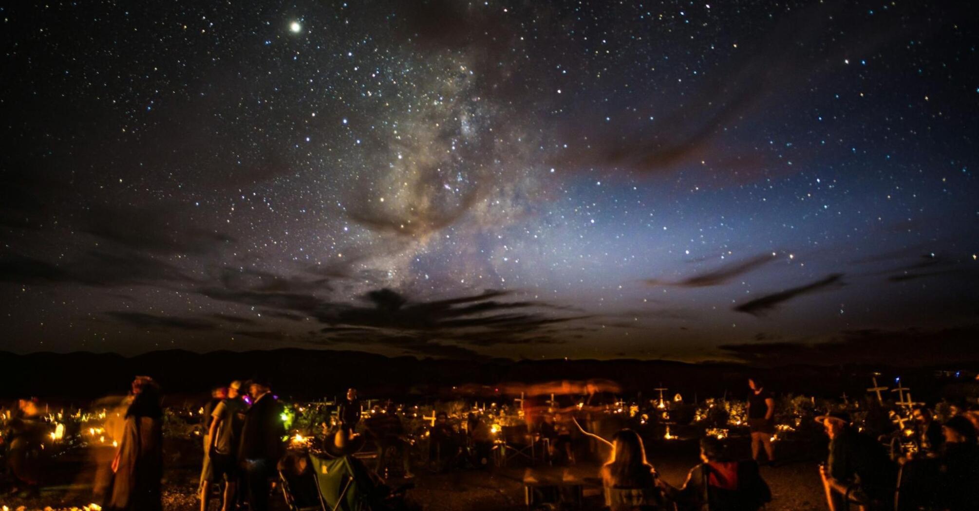 People stargazing under the Milky Way at night
