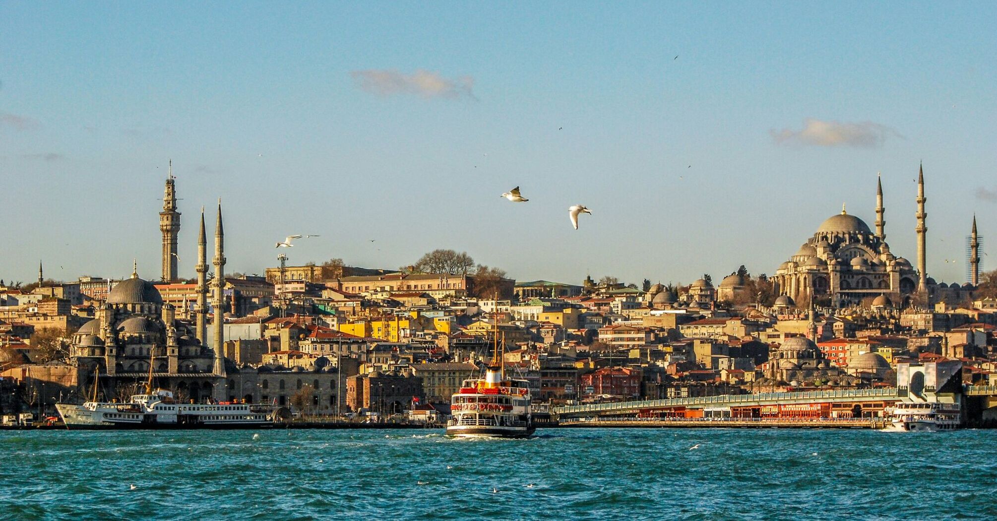Panoramic view of Istanbul’s skyline with ferries crossing the Bosphorus