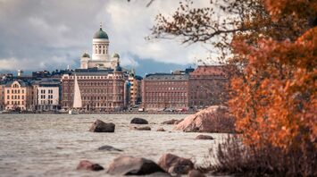 View of Helsinki Cathedral and waterfront buildings seen from the shoreline