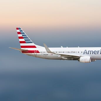 American Airlines aircraft flying against a pale sky
