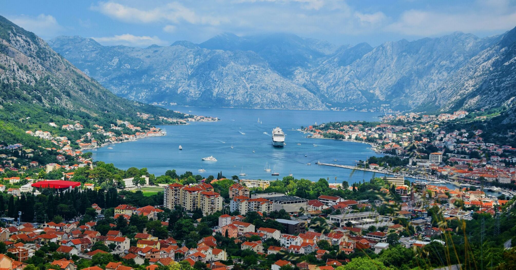 Bay of Kotor with cruise ships and coastal towns
