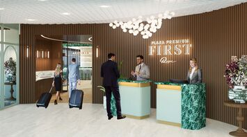 Reception desk at the new Plaza Premium First lounge in Rome Fiumicino Terminal 1