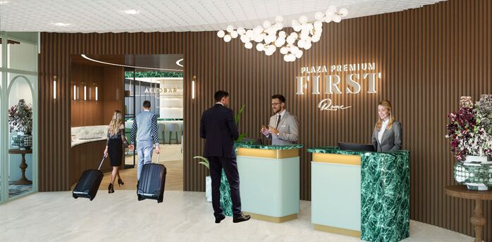 Reception desk at the new Plaza Premium First lounge in Rome Fiumicino Terminal 1