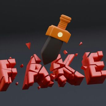 3D sword smashing the word “FAKE” into fragments