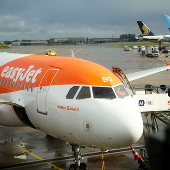easyJet aircraft parked at a European airport gate
