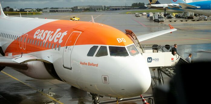 easyJet aircraft parked at a European airport gate