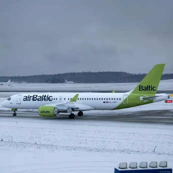 airBaltic aircraft taxiing during winter operations in the Baltics