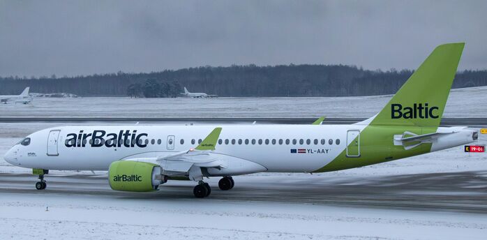 airBaltic aircraft taxiing during winter operations in the Baltics