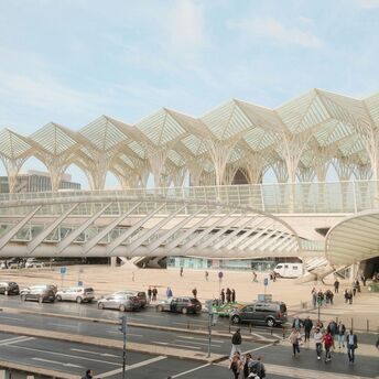 Passengers outside Lisbon Oriente station building