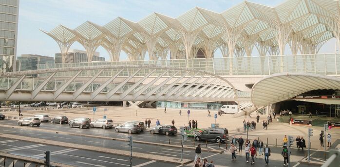Passengers outside Lisbon Oriente station building