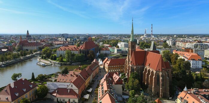Cityscape of Wrocław with historic buildings and river