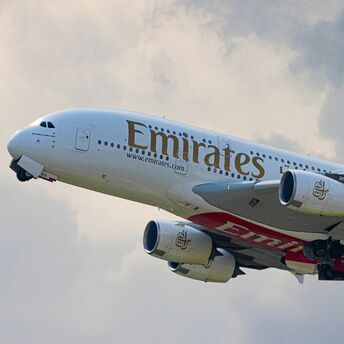 Emirates A380 taking off with engines visible