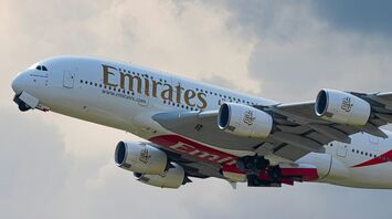 Emirates A380 taking off with engines visible