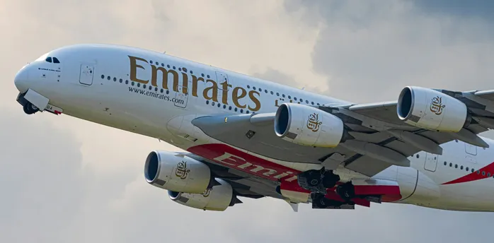 Emirates A380 taking off with engines visible