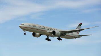 Etihad aircraft in flight against clear sky