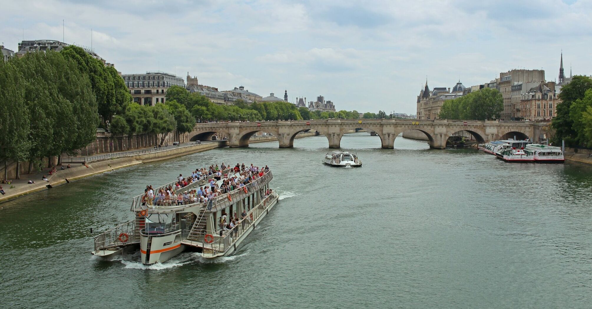 Sightseeing boat passing a bridge in Paris