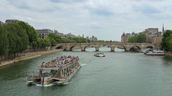 Sightseeing boat passing a bridge in Paris