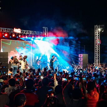 Singer performing on a brightly lit stage before a large crowd at night