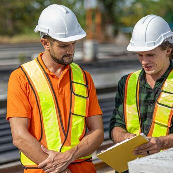 Two railway workers reviewing documents beside tracks