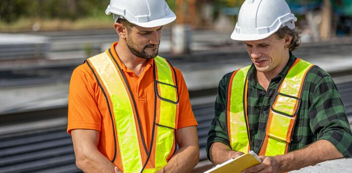 Two railway workers reviewing documents beside tracks