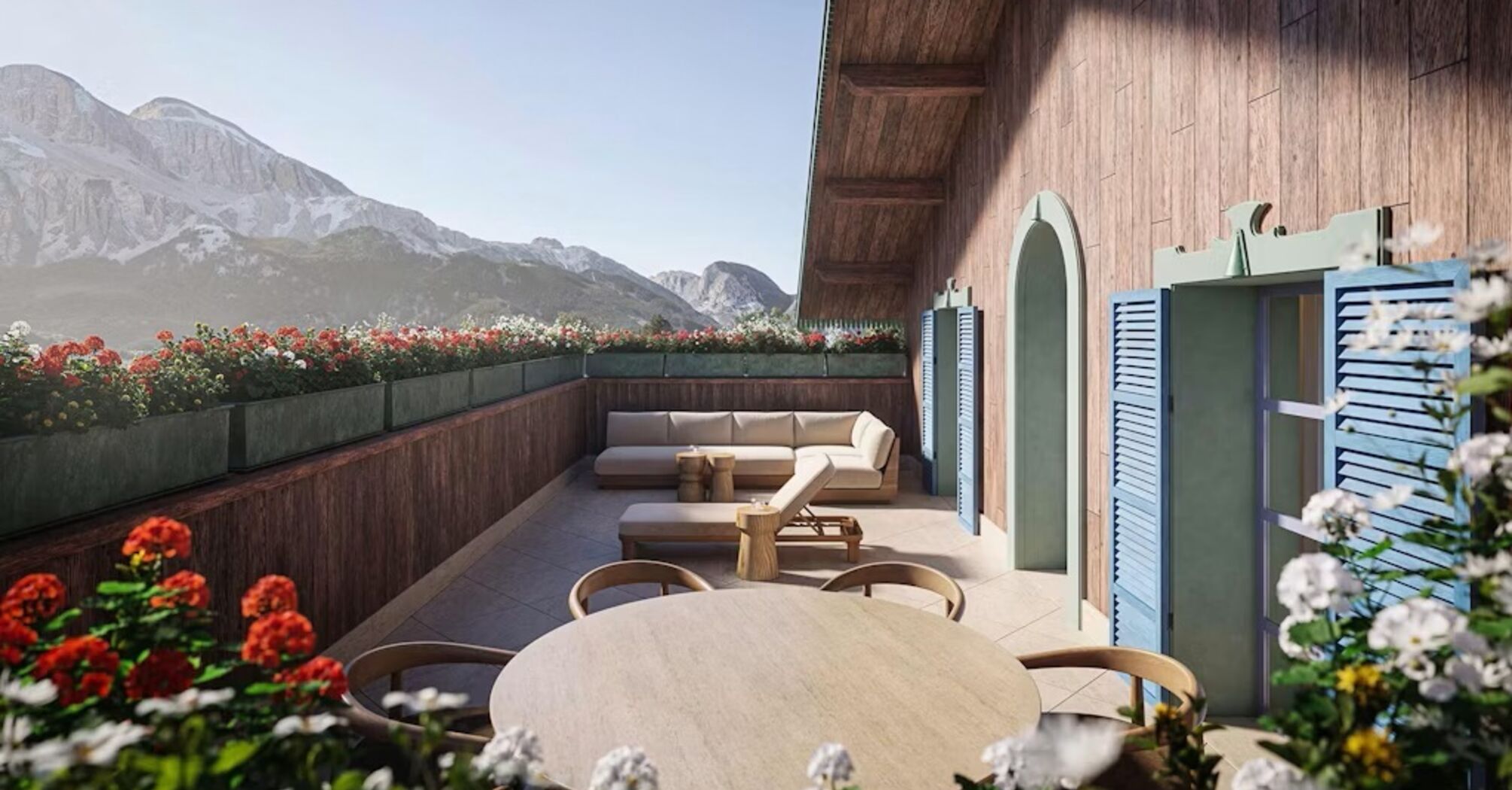 Design visualisation of a flower-lined terrace overlooking the Dolomites at Le Graal Cortina