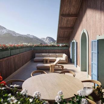 Design visualisation of a flower-lined terrace overlooking the Dolomites at Le Graal Cortina