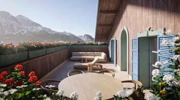 Design visualisation of a flower-lined terrace overlooking the Dolomites at Le Graal Cortina