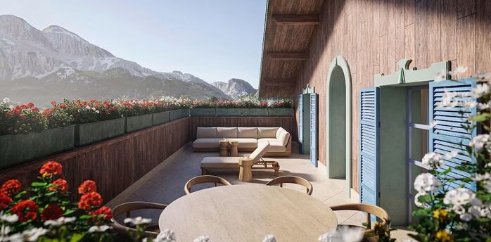 Design visualisation of a flower-lined terrace overlooking the Dolomites at Le Graal Cortina