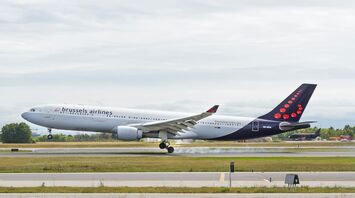 Brussels Airlines aircraft landing on a runway