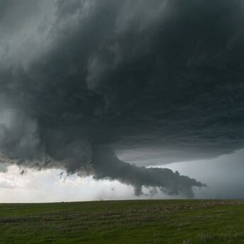 Dark storm clouds hanging over an open grassy field
