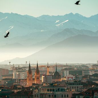 Turin skyline with the snow-covered Alps in the background