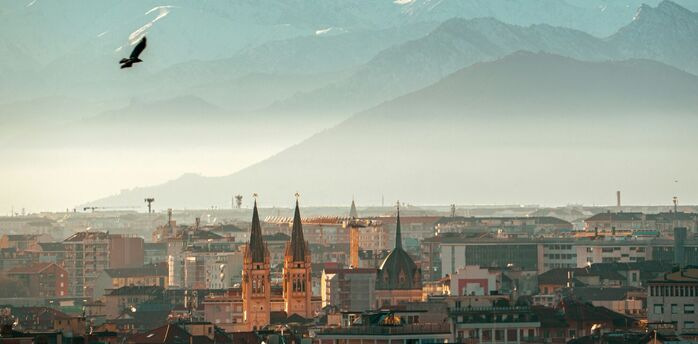 Turin skyline with the snow-covered Alps in the background