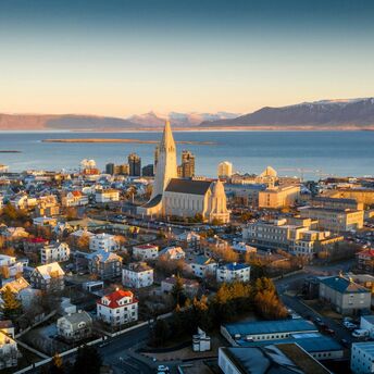 Reykjavik skyline with Hallgrímskirkja, the bay and mountains