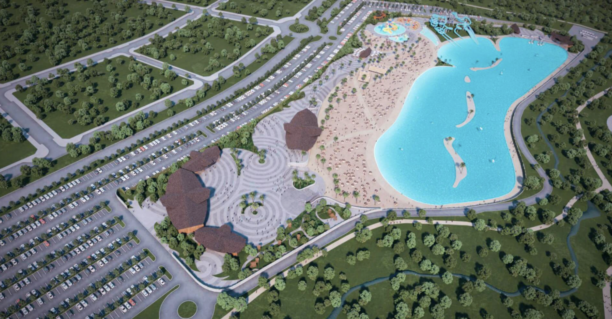 Aerial rendering of Alovera Beach showing the artificial lagoon, sandy shores and parking areas