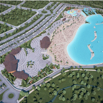 Aerial rendering of Alovera Beach showing the artificial lagoon, sandy shores and parking areas
