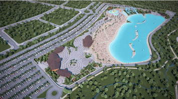 Aerial rendering of Alovera Beach showing the artificial lagoon, sandy shores and parking areas
