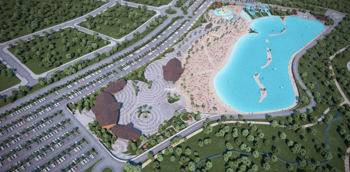 Aerial rendering of Alovera Beach showing the artificial lagoon, sandy shores and parking areas