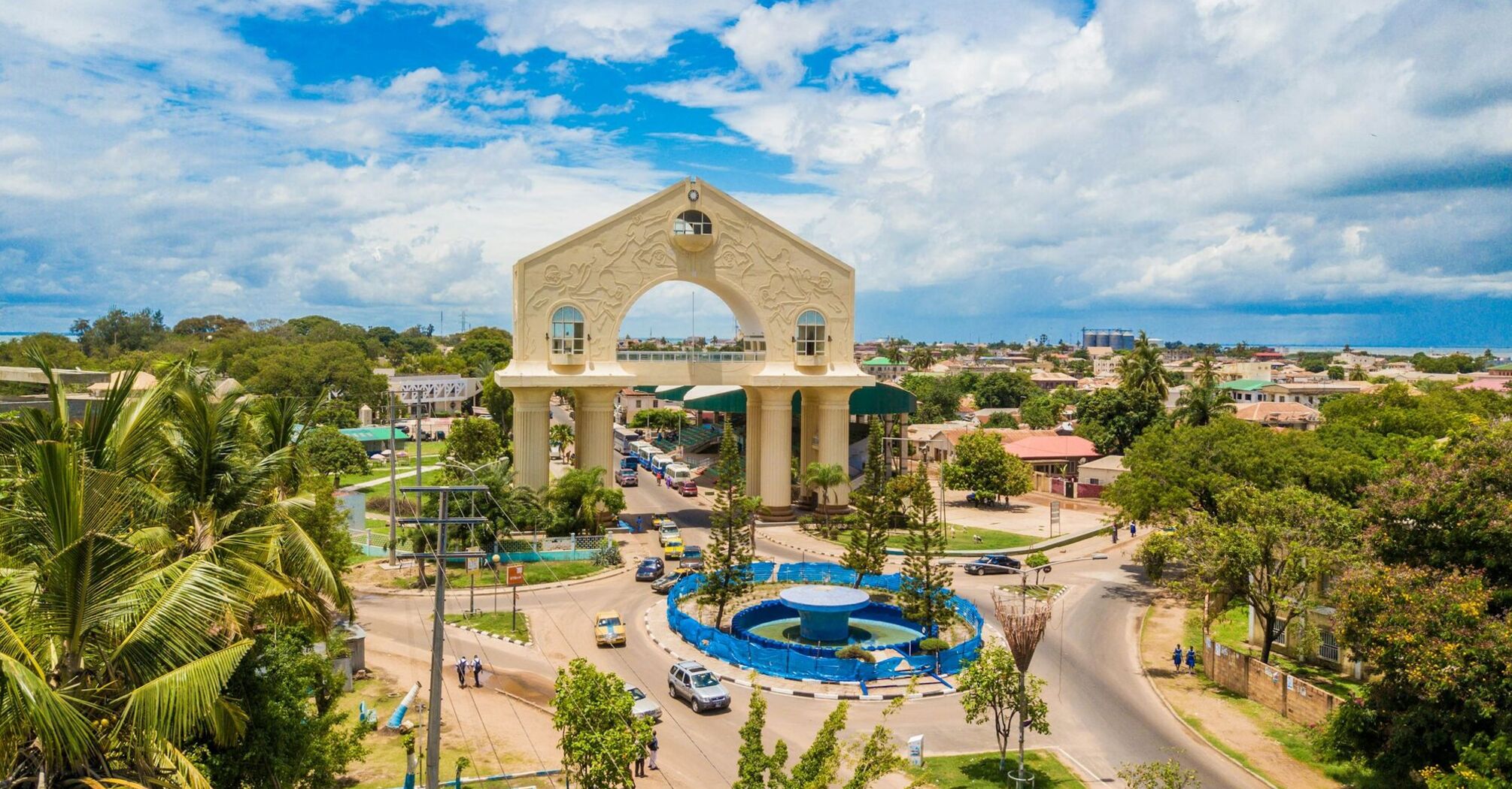 Aerial view of Arch 22 and surrounding streets in Banjul, The Gambia
