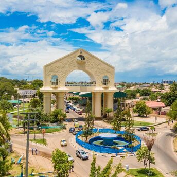 Aerial view of Arch 22 and surrounding streets in Banjul, The Gambia