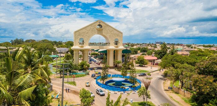 Aerial view of Arch 22 and surrounding streets in Banjul, The Gambia