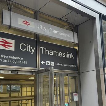 City Thameslink station entrance with National Rail signs