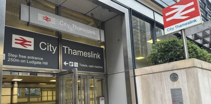 City Thameslink station entrance with National Rail signs