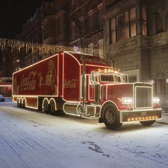 Illuminated Coca-Cola Christmas truck on a snowy street