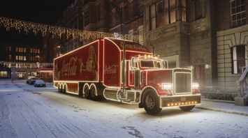 Illuminated Coca-Cola Christmas truck on a snowy street