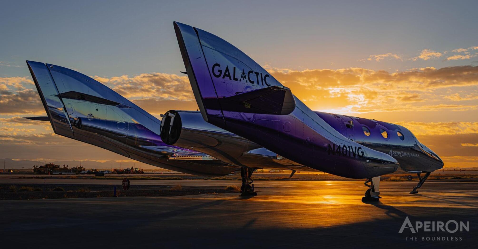Virgin Galactic's Spaceship Apeiron parked on the tarmac at sunset