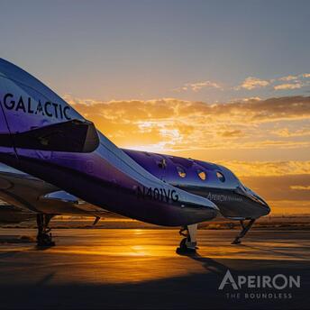 Virgin Galactic's Spaceship Apeiron parked on the tarmac at sunset