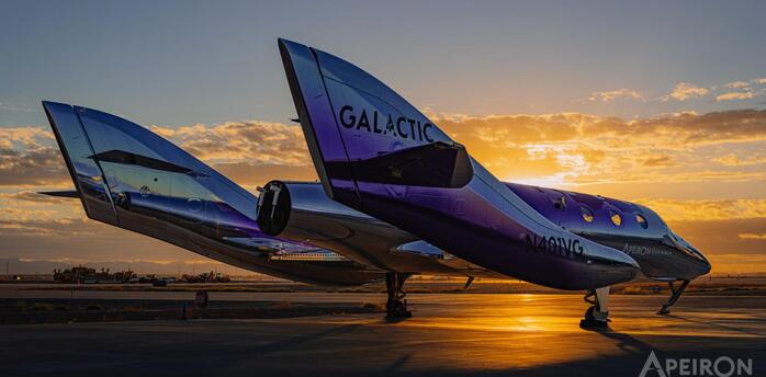 Virgin Galactic's Spaceship Apeiron parked on the tarmac at sunset