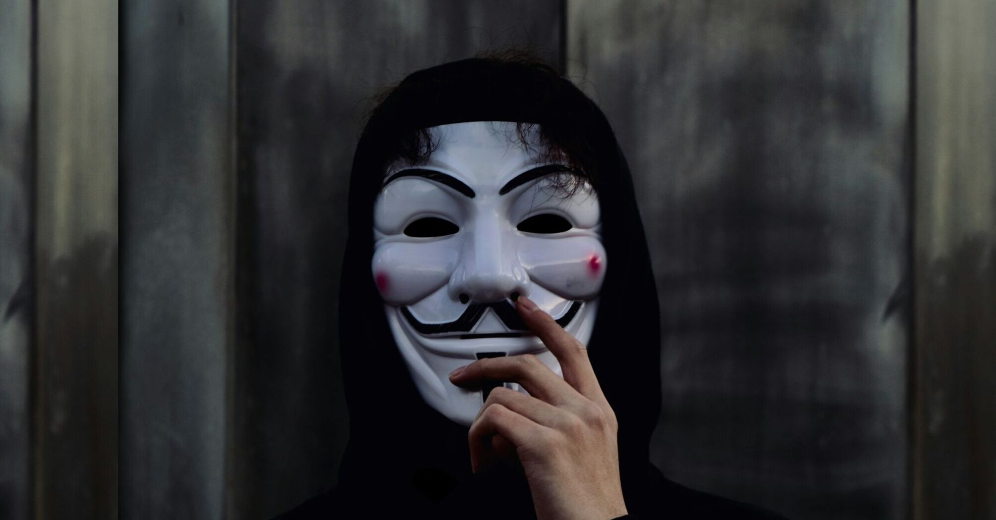 Person wearing a Guy Fawkes mask and black hood