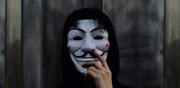 Person wearing a Guy Fawkes mask and black hood