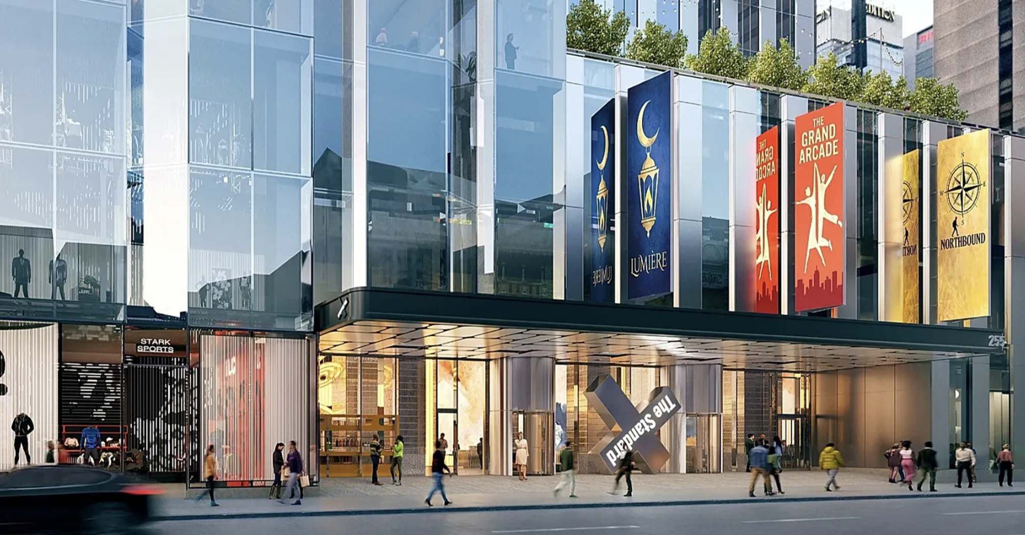 Architectural rendering of The StandardX Times Square hotel entrance with theatre banners